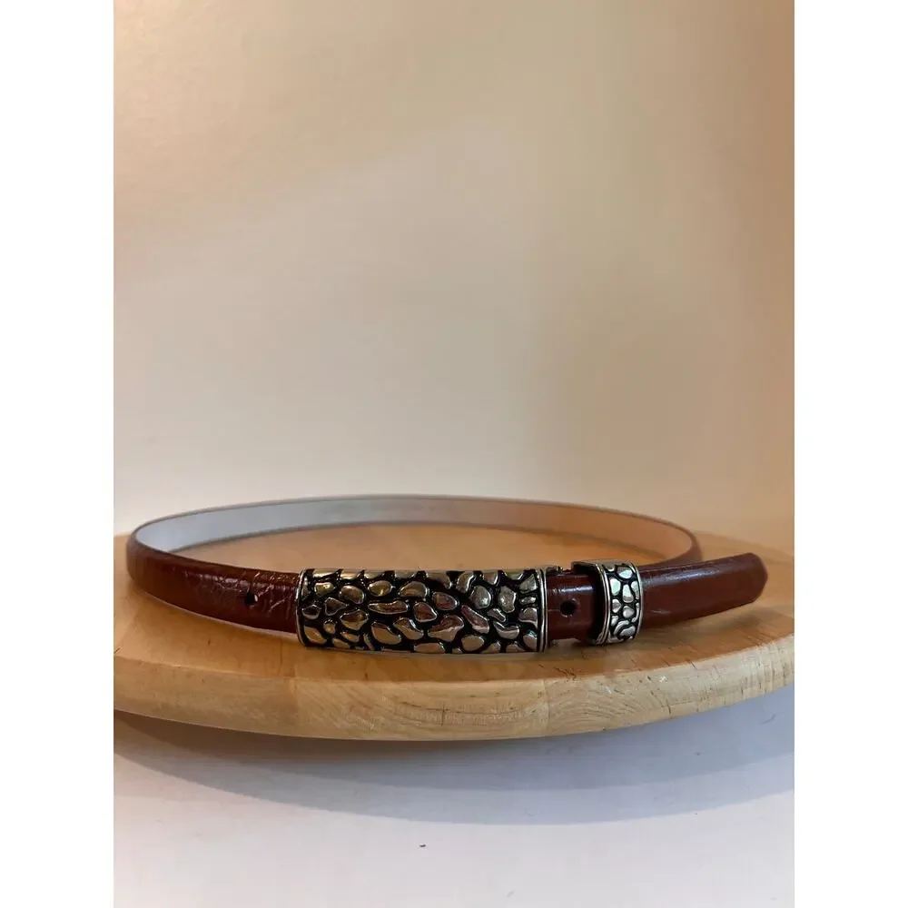 Vintage Lady Cativa Tan Genuine Leather Chunky Silver Buckle Belt Size Medium